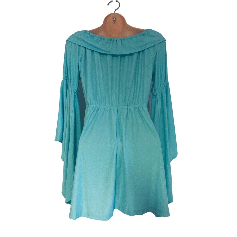 Midnight Velvet Tunic Pool Blue Bell Sleeve Peplum Office Casual Party Guest Top - Picture 7 of 11